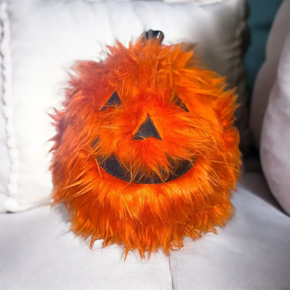 Cupcakes and Cashmere Halloween Pillow Fuzzy Orange Jack o Lantern 14 Inches NEW